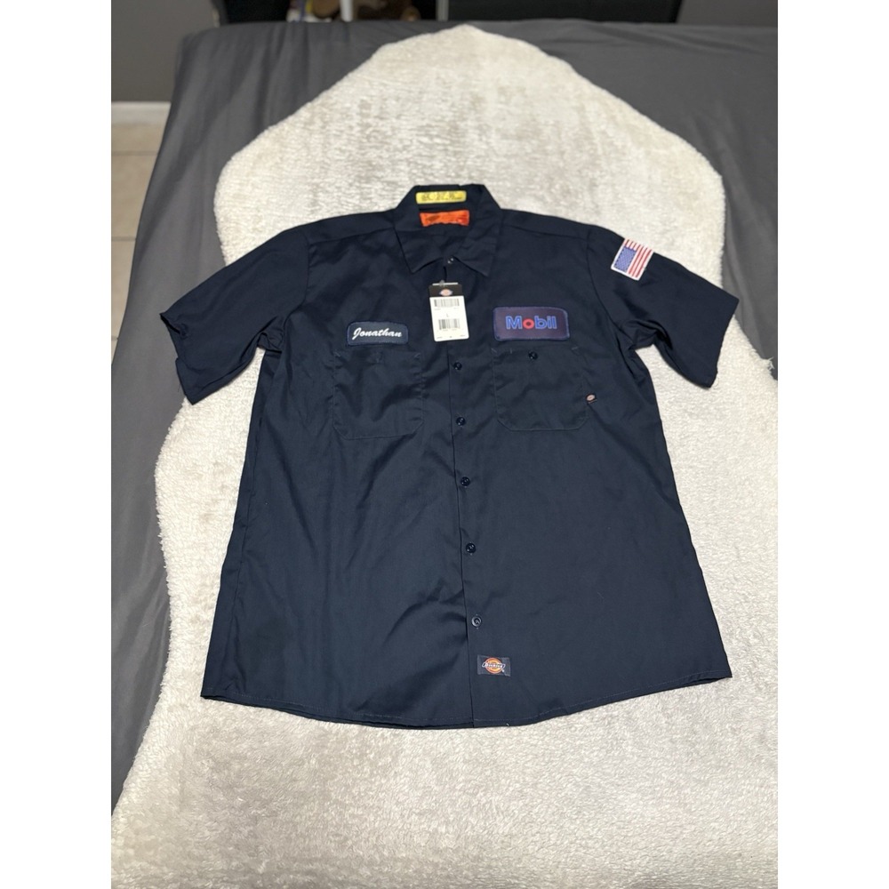 Dickies Mobil Gas Work Shirt Mens Large L NWT Navy Short Sleeve US Flag Jonathan
